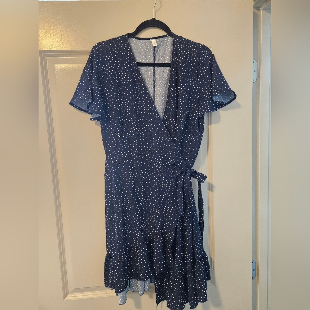 Navy Blue Wrap Dress Ruffle Short Sleeve Large